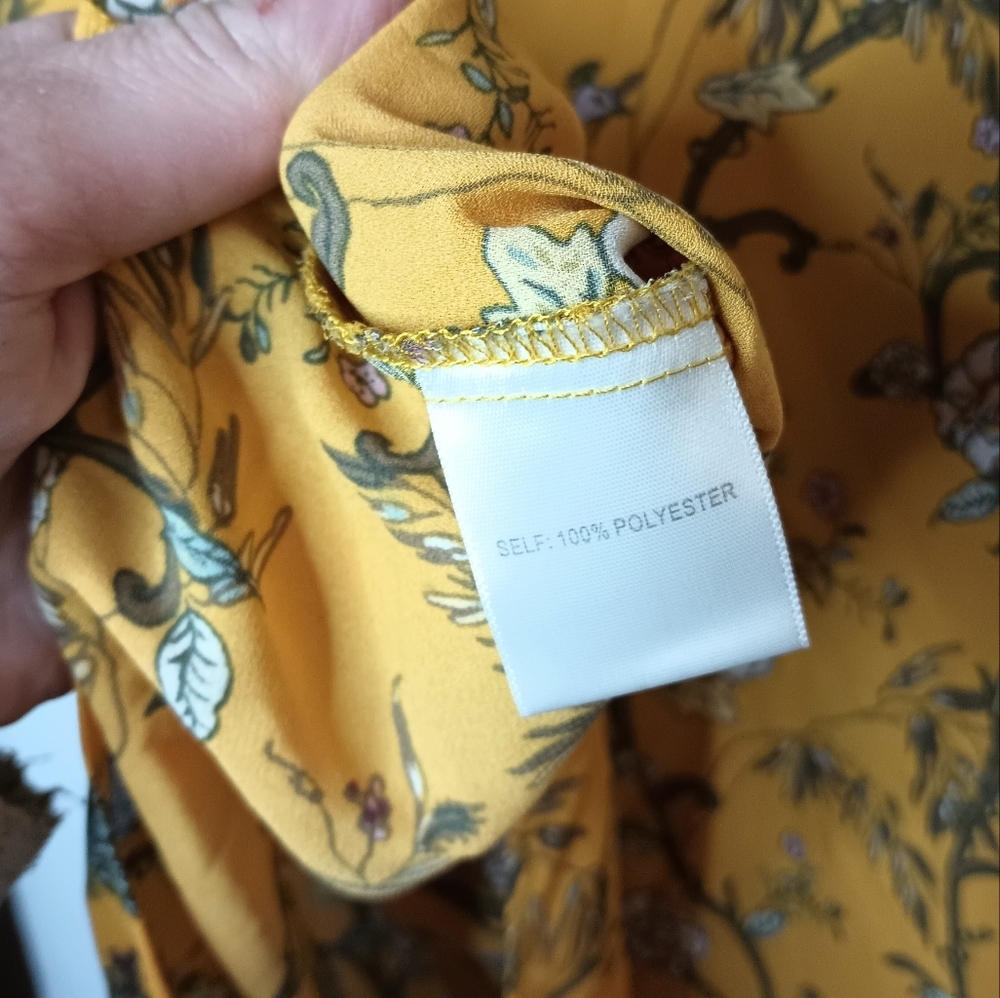 Rose Olive 1X Peacock Floral Peasant Blouse Top Mustard Yellow Button Flowy Boho - Picture 11 of 13